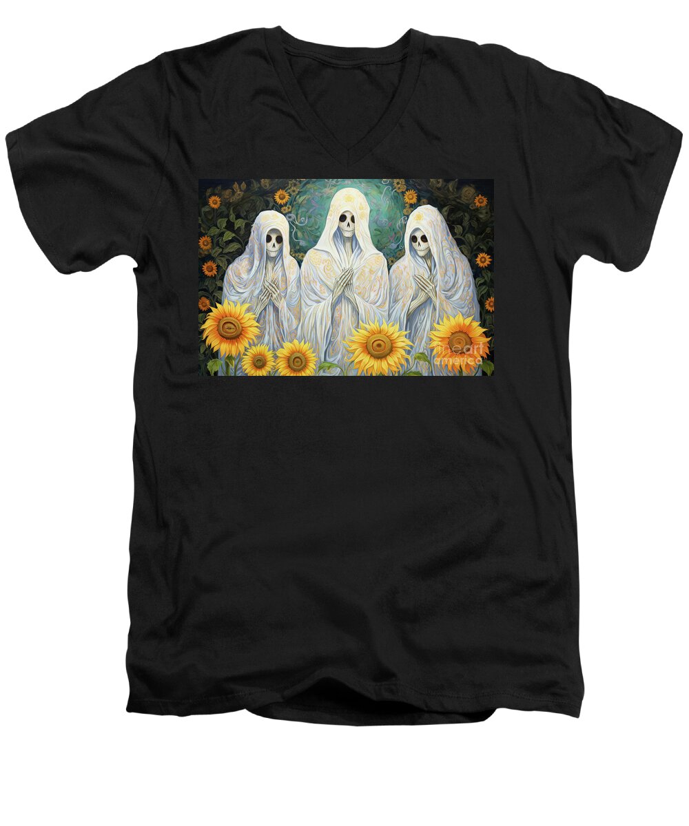 Halloween Men's V-Neck T-Shirt featuring the painting The Sunflower Worshippers by Tina LeCour