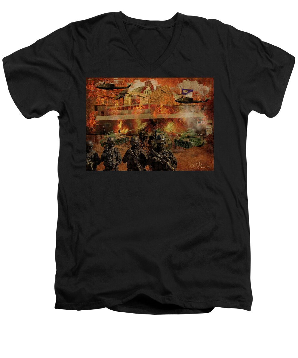 Photoshop Men's V-Neck T-Shirt featuring the digital art The Waco Experiment by Ricardo Dominguez