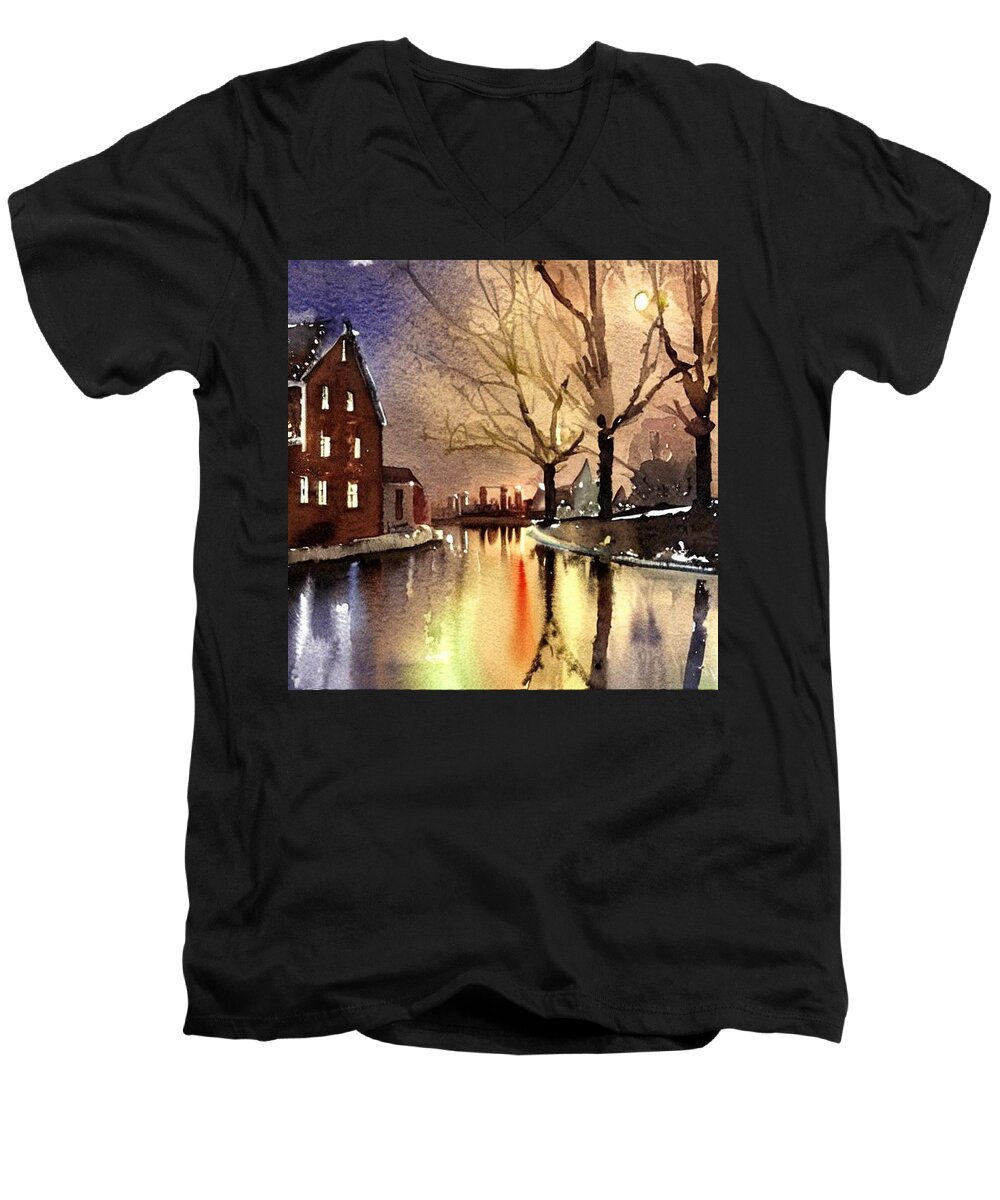 Waterloo Village Men's V-Neck T-Shirt featuring the painting Waterloo Village, Morris Canal at Night 1 by Christopher Lotito