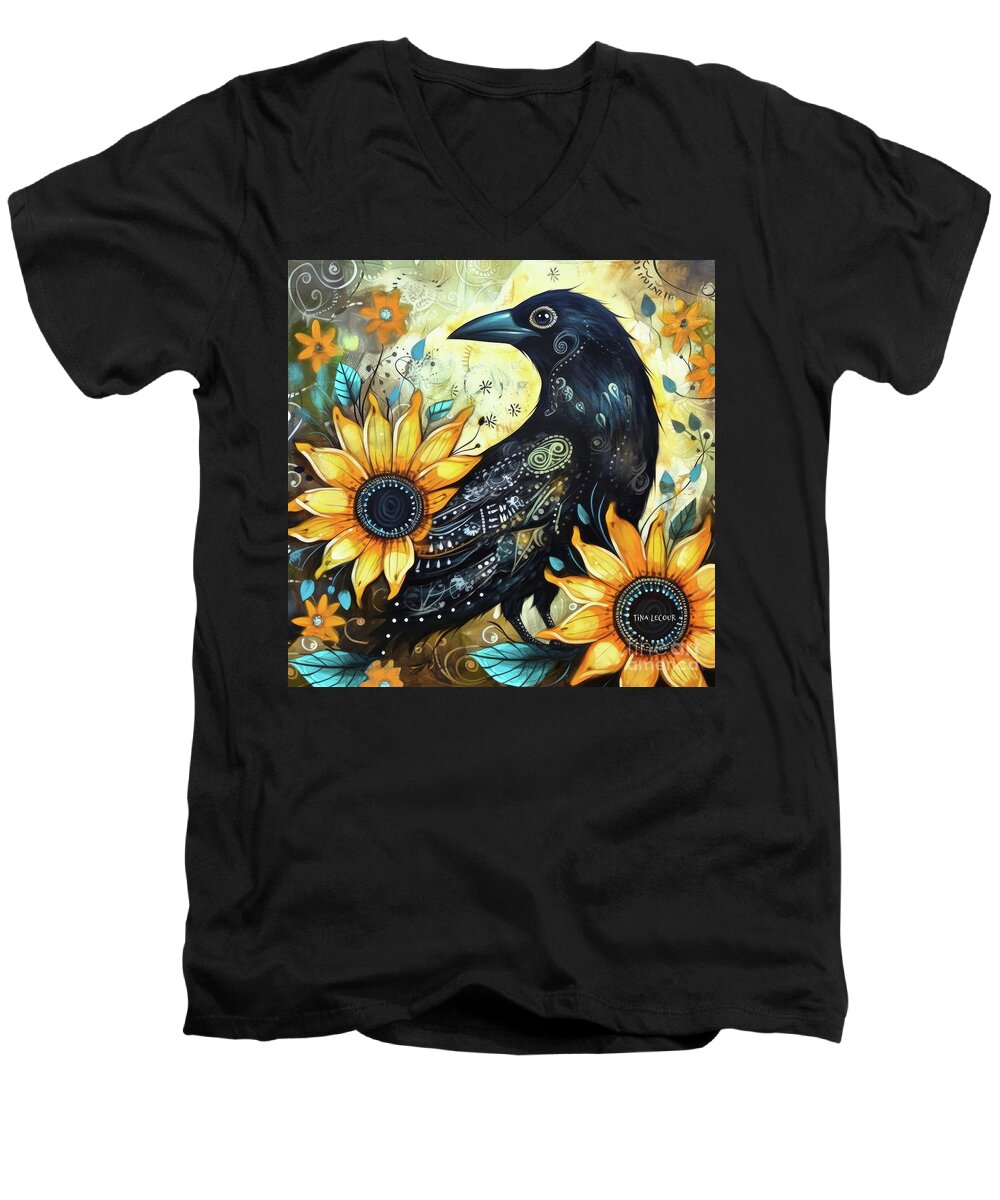 Black Crow Men's V-Neck T-Shirt featuring the painting Whimsical Black Crow by Tina LeCour