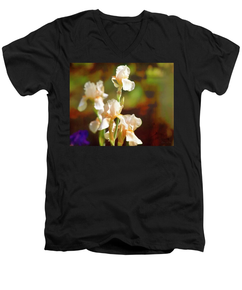 Streaming Sunlight Men's V-Neck T-Shirt featuring the photograph White Iris In Early Morning Sun by Bellesouth Studio