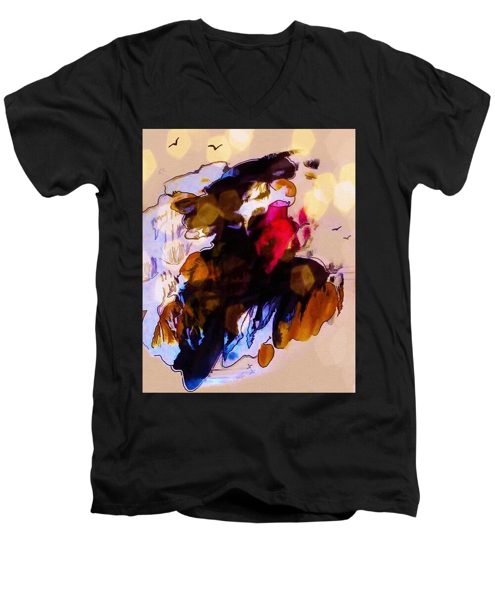 Modern Abstract Men's V-Neck T-Shirt featuring the painting Woman In A Hat With Her Heart On Her Sleeve by Joan Stratton