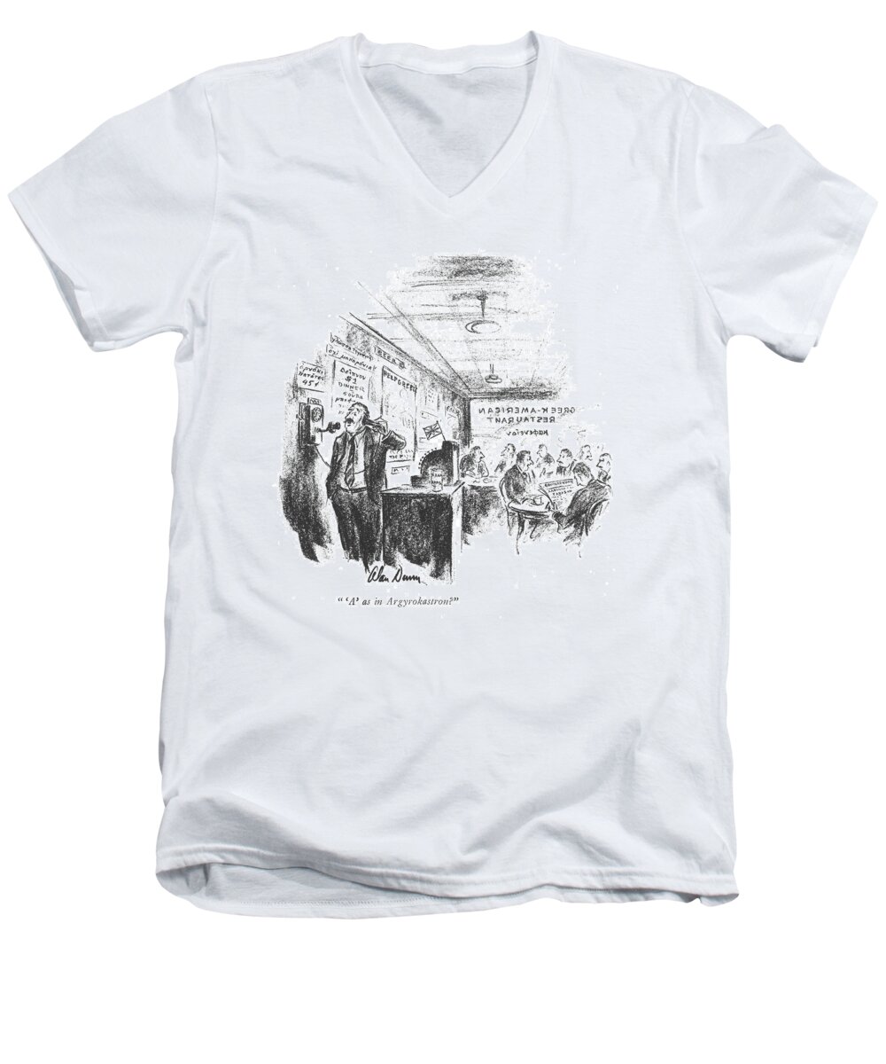 110840 Adu Alan Dunn Men's V-Neck T-Shirt featuring the drawing 'a' As In Argyrokastron? by Alan Dunn