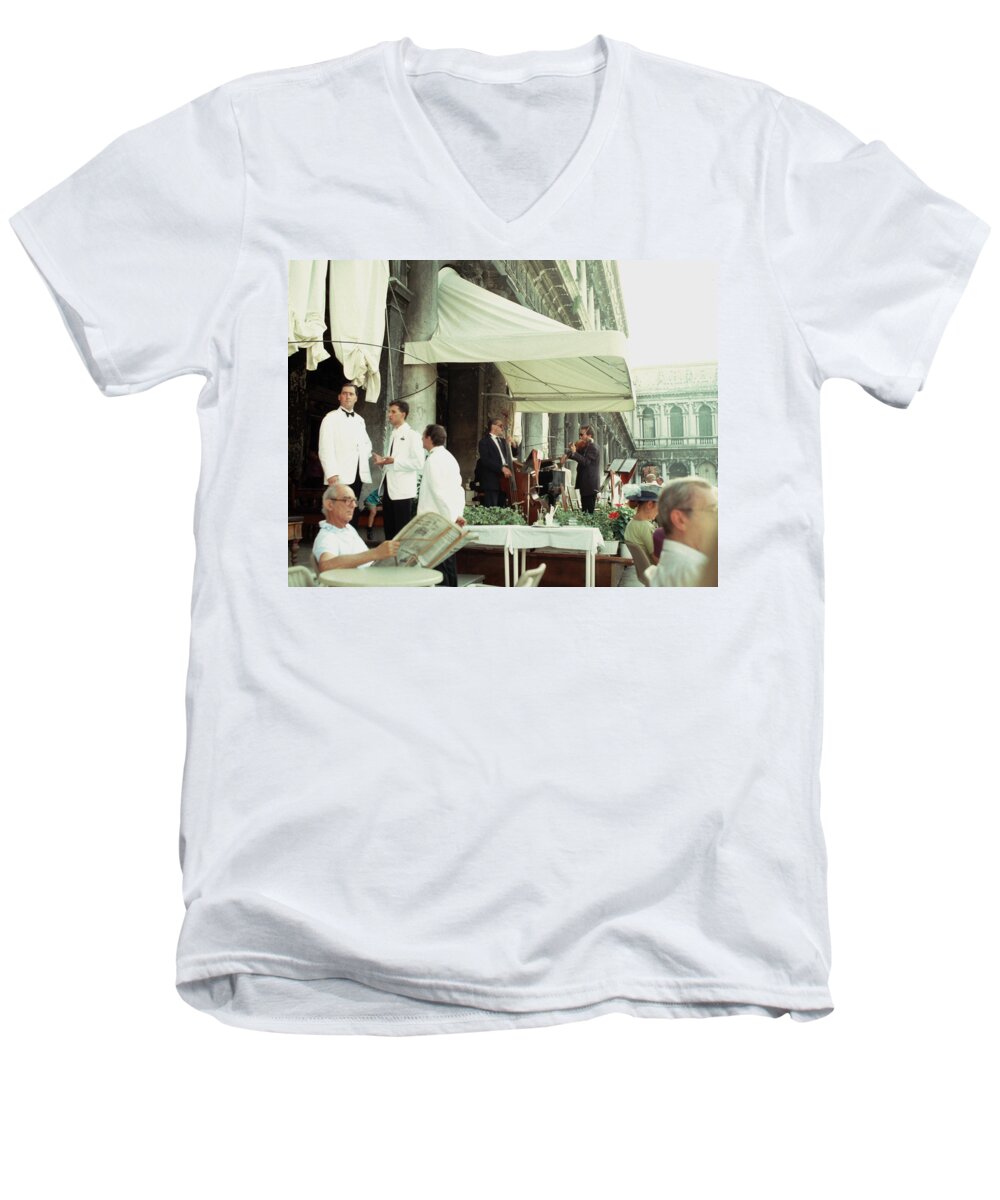 Old World Men's V-Neck T-Shirt featuring the photograph Caffe Lavena St Marks Square Venice by Tom Wurl