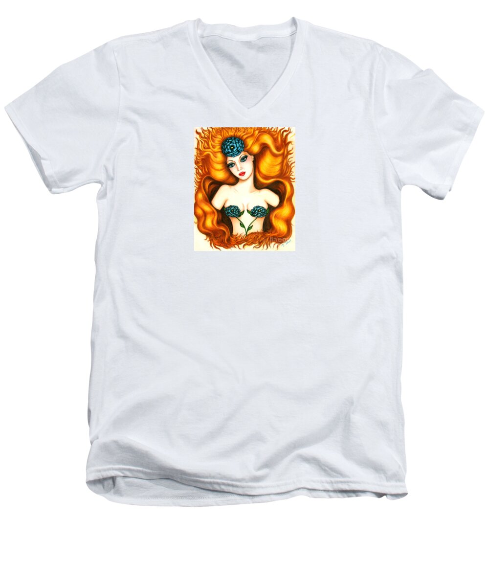 Art Men's V-Neck T-Shirt featuring the drawing Flower In The Blaze by Tara Shalton
