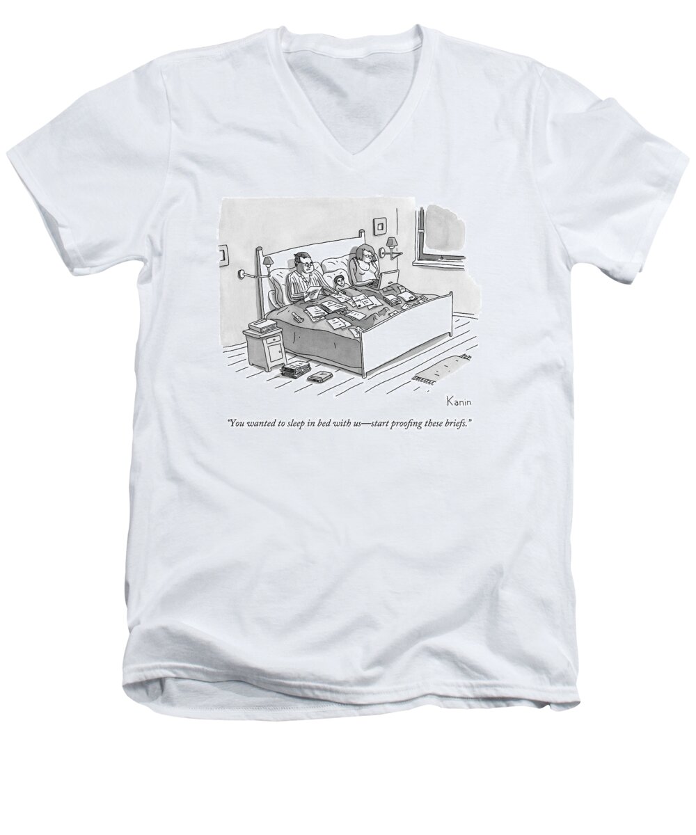 Parents Men's V-Neck T-Shirt featuring the drawing A Boy Lays In Bed Between His Parents by Zachary Kanin