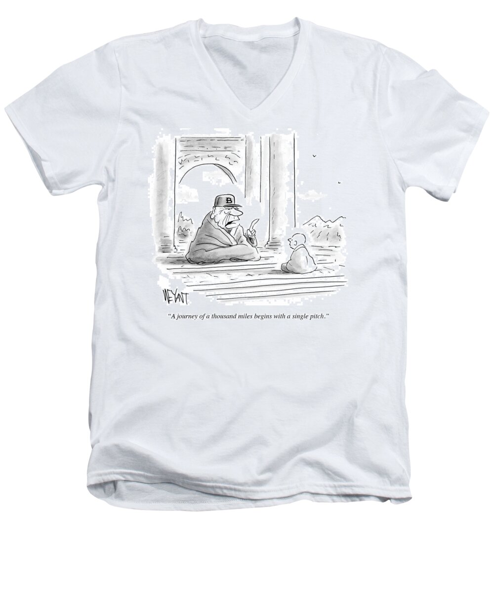 A Journey Of A Thousand Miles Begins With A Single Pitch.' Men's V-Neck T-Shirt featuring the drawing A Journey Of A Thousand Miles Begins #1 by Christopher Weyant