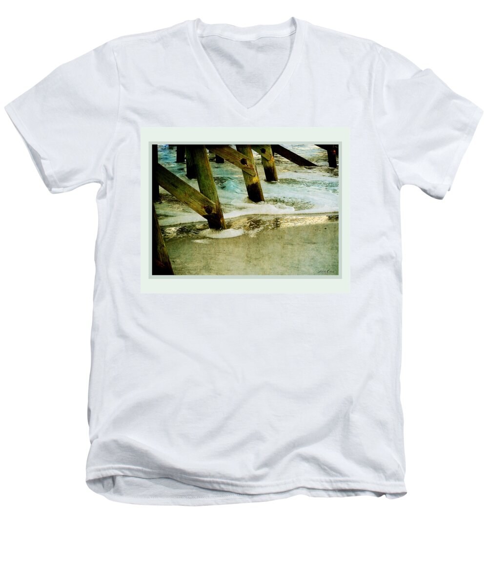 Pier Men's V-Neck T-Shirt featuring the photograph AB Pilings #1 by Linda Olsen