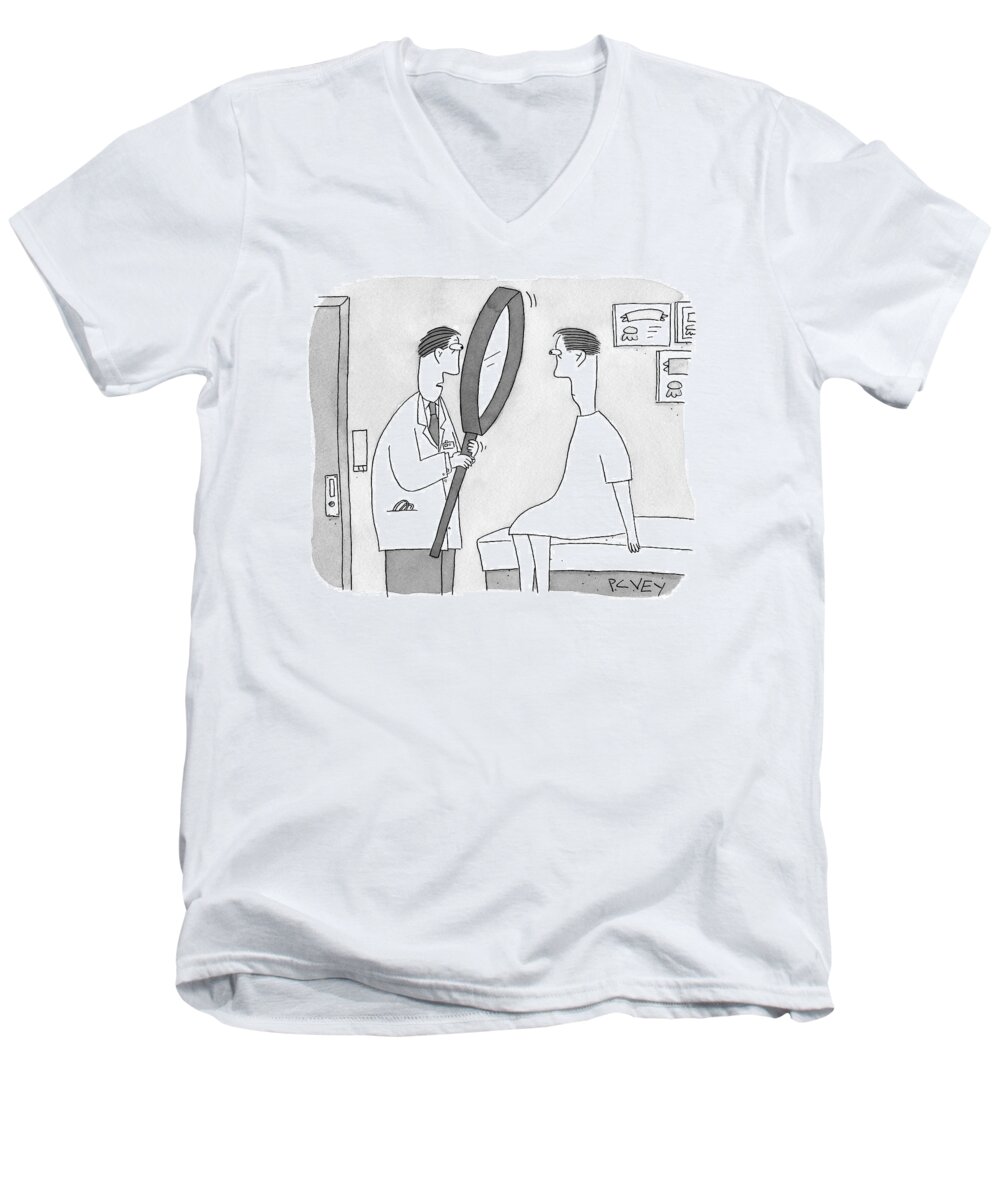 Doctor Men's V-Neck T-Shirt featuring the drawing Holding A Gigantic Magnifying Glass #1 by Peter C. Vey