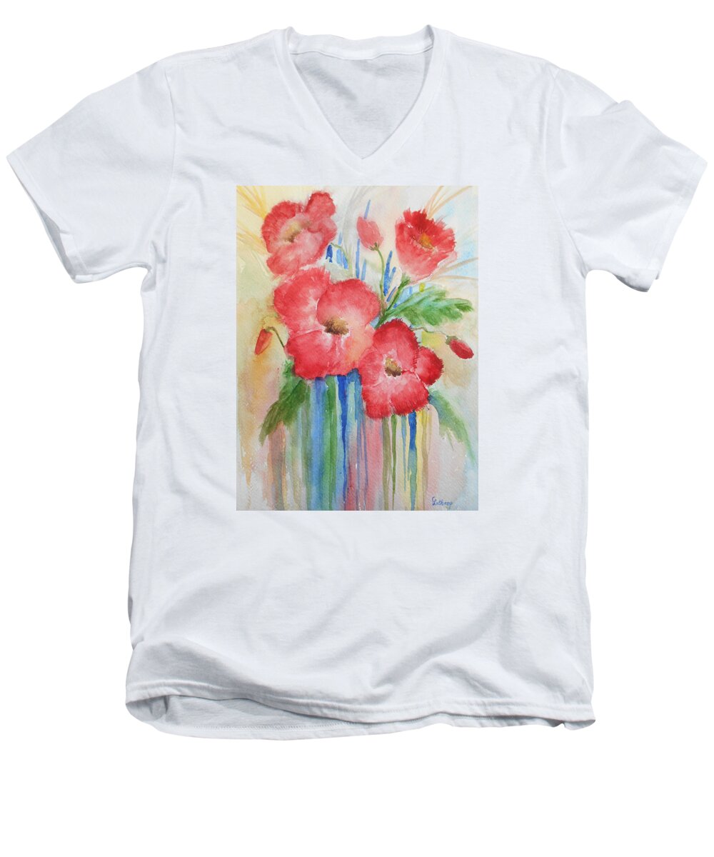 Red Men's V-Neck T-Shirt featuring the painting Poppies #2 by Christine Lathrop