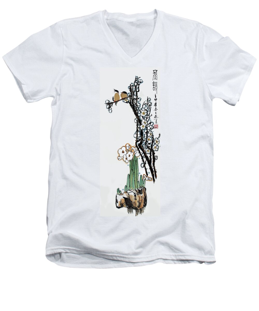 Birds Men's V-Neck T-Shirt featuring the photograph Spring Melody #3 by Yufeng Wang
