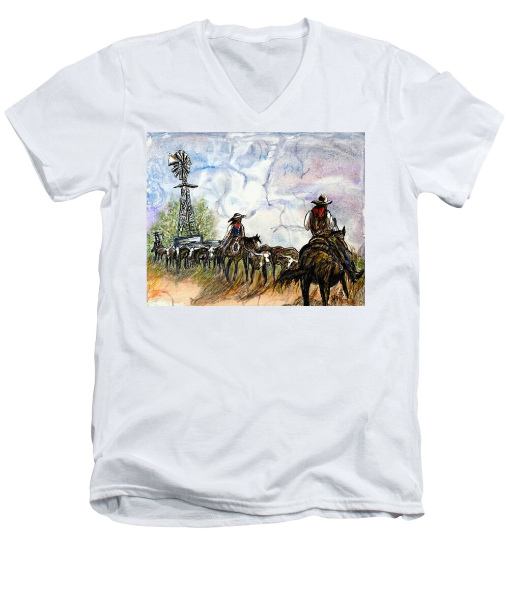 Texas Men's V-Neck T-Shirt featuring the drawing Strange Sky #1 by Erich Grant