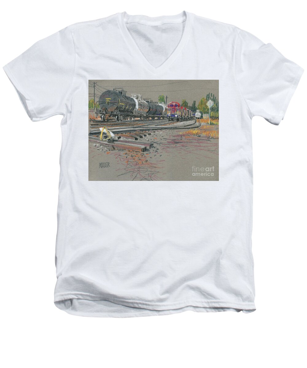 Train Men's V-Neck T-Shirt featuring the drawing Train's Coming by Donald Maier