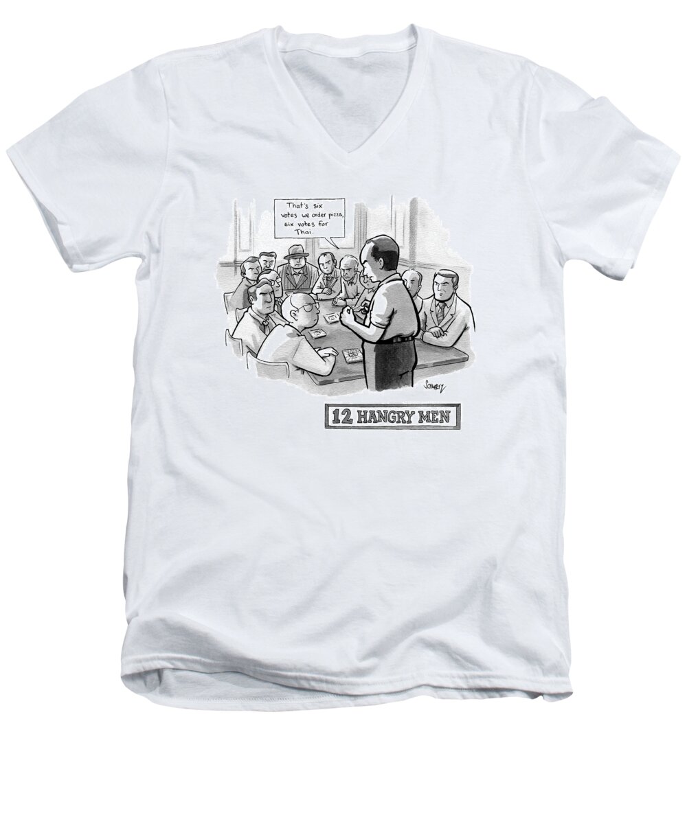 Captionless Twelve Angry Men Men's V-Neck T-Shirt featuring the drawing 12 Hangry Men - Jury Room by Benjamin Schwartz