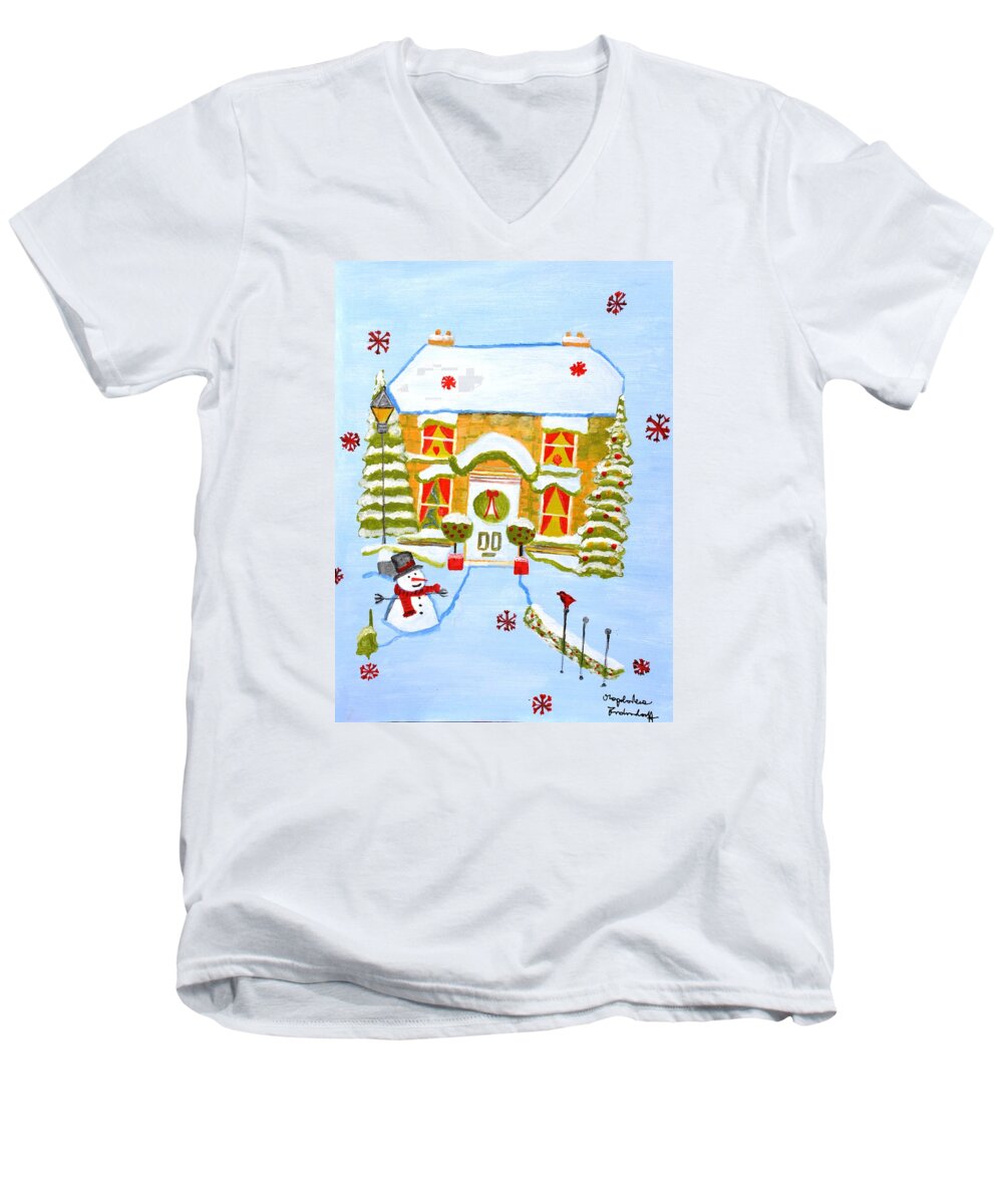 Christmas Card Men's V-Neck T-Shirt featuring the painting Merry Christmas #8 by Magdalena Frohnsdorff
