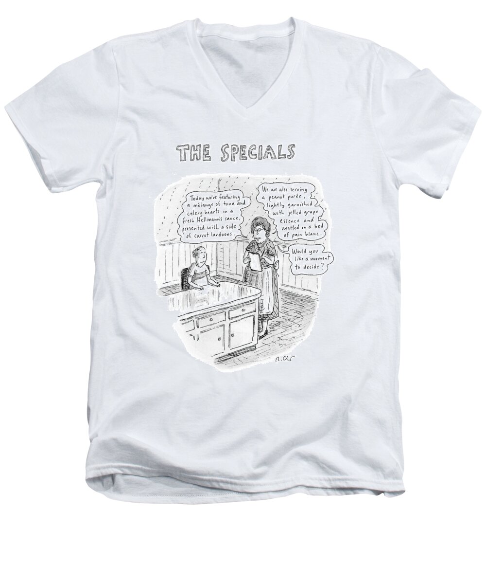 Food Dining Low Cuisine Service Restaurants Word Play

(waitress Reads Men's V-Neck T-Shirt featuring the drawing The Specials by Roz Chast