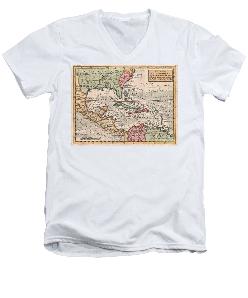  This Is Herman Molls Small But Significant C. 1732 Map Of The West Indies. Moll’s Map Covers All Of The West Indies Men's V-Neck T-Shirt featuring the photograph 1732 Herman Moll Map of the West Indies and Caribbean by Paul Fearn