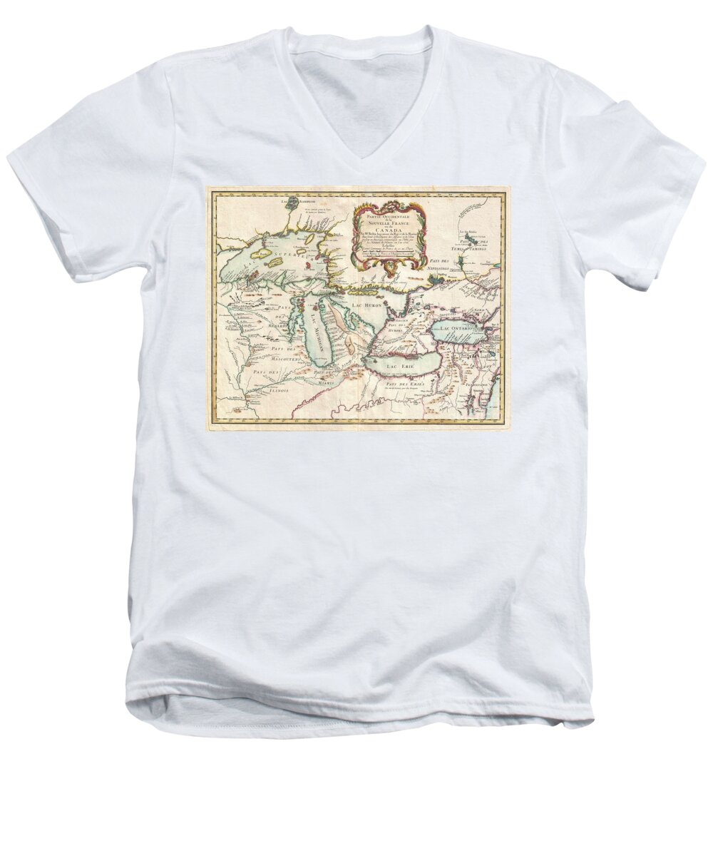  A Rare And Extremely Influential 1755 Map Of The Great Lakes Drawn By Jacques Nicholas Bellin. This Map Men's V-Neck T-Shirt featuring the photograph 1755 Bellin Map of the Great Lakes by Paul Fearn