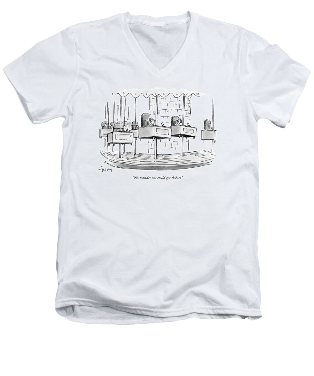 

(children On Merry-go-round That Has Office Desks Instead Of Ponies.) 121663 Mtw Mike Twohy Men's V-Neck T-Shirt featuring the drawing No Wonder We Could Get Tickets by Mike Twohy