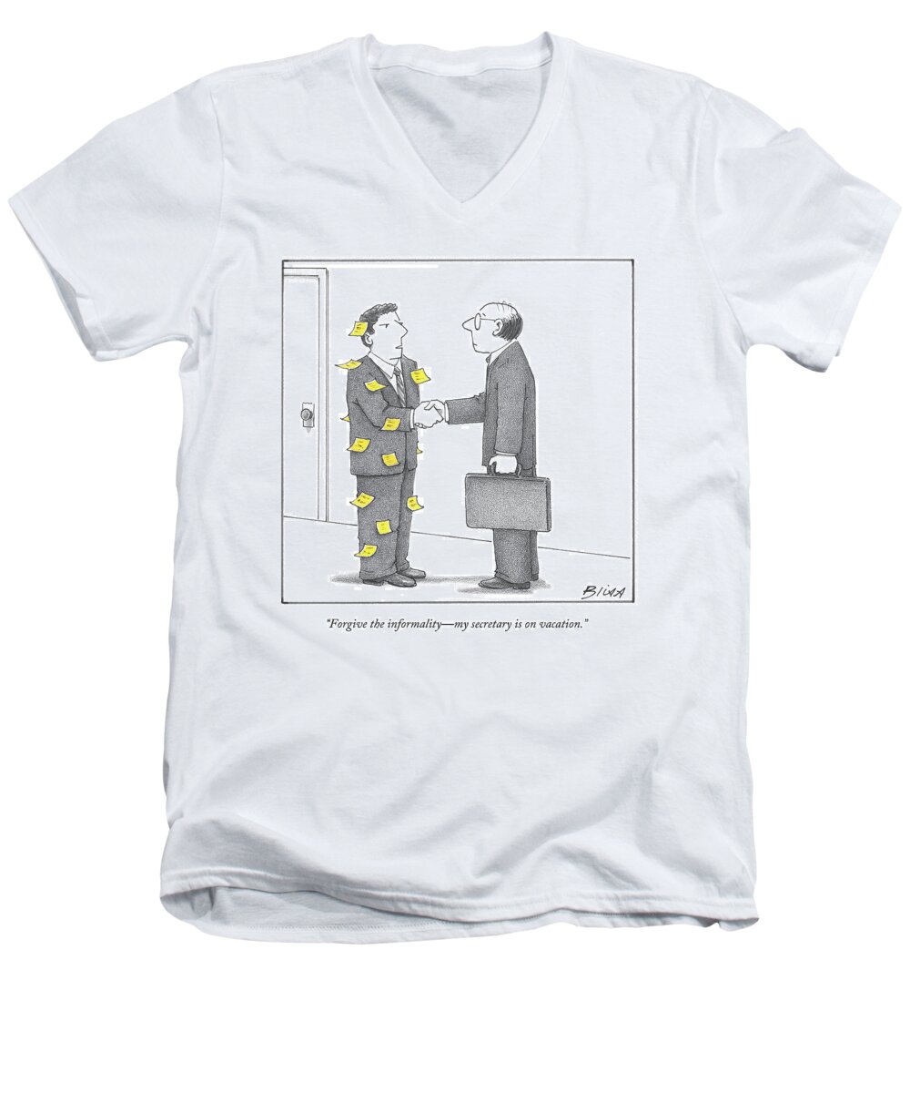 Post-it Note Men's V-Neck T-Shirt featuring the drawing Forgive The Informality - My Secretary by Harry Bliss