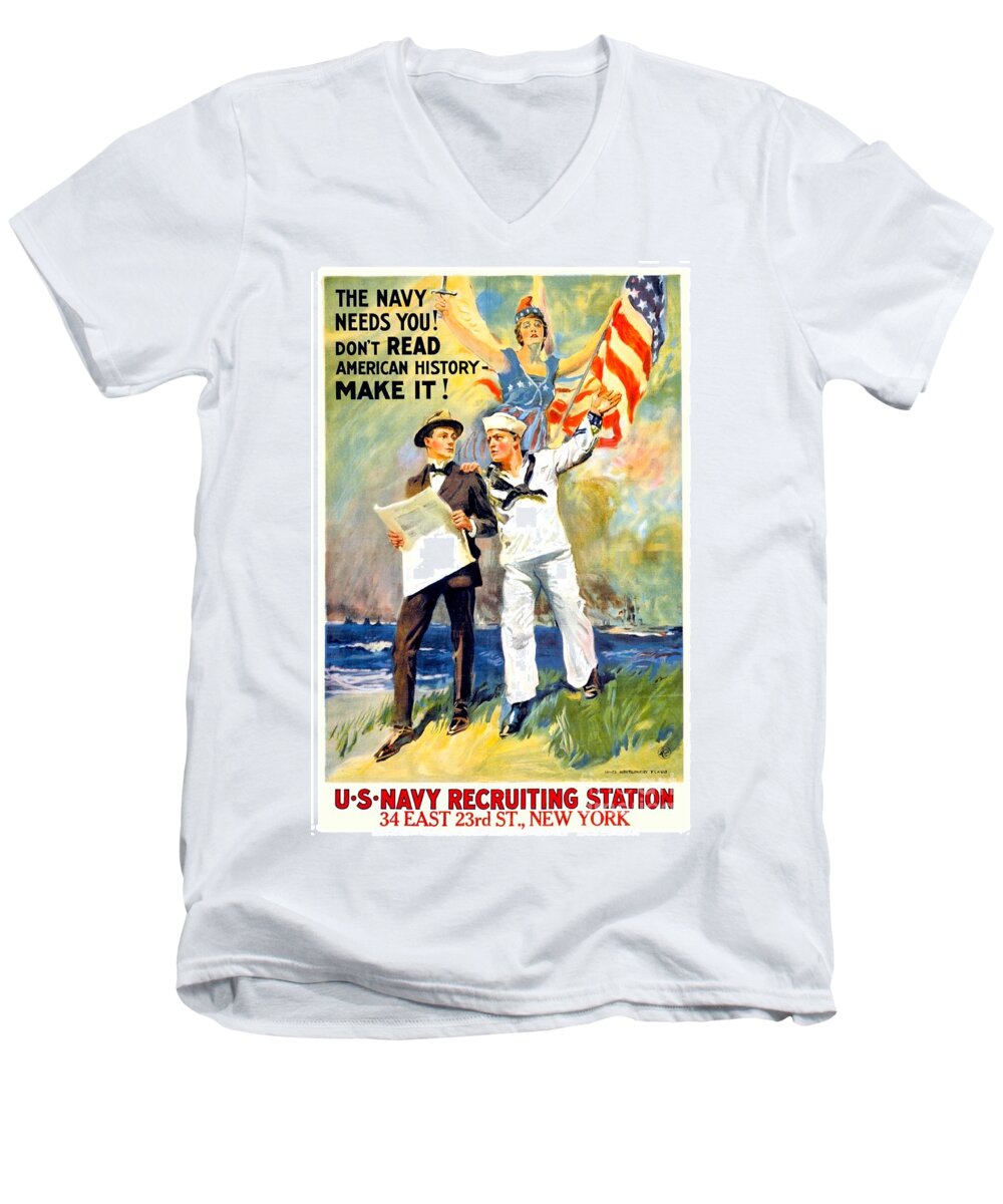 1917 Men's V-Neck T-Shirt featuring the digital art 1917 - United States Navy Recruiting Poster - World War One - Color by John Madison