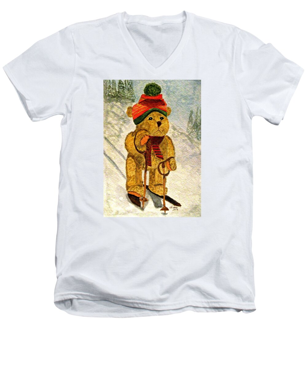 Bears Men's V-Neck T-Shirt featuring the painting Learning To Ski by Angela Davies