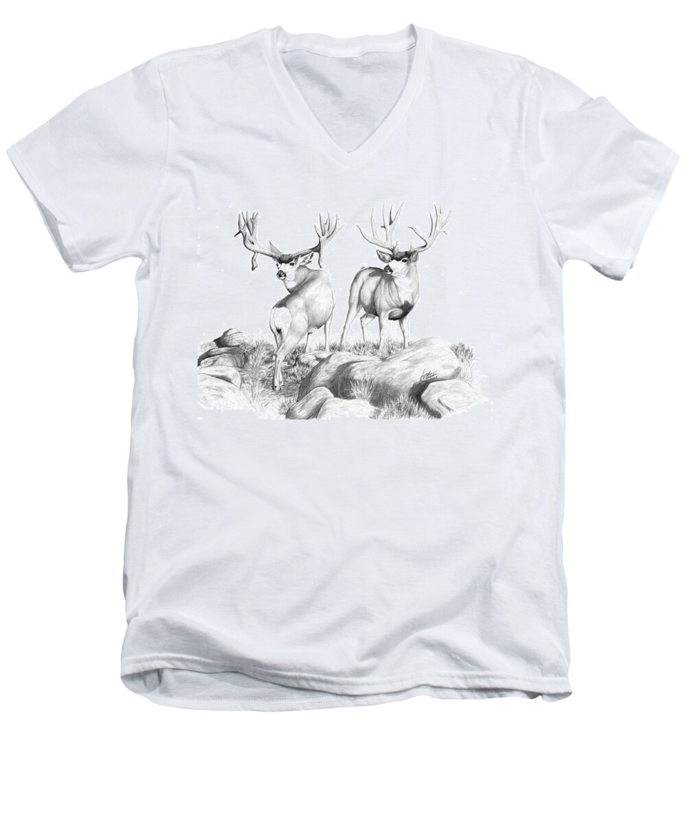 Mule Deer Men's V-Neck T-Shirt featuring the drawing 2 Muley Bucks by Darcy Tate