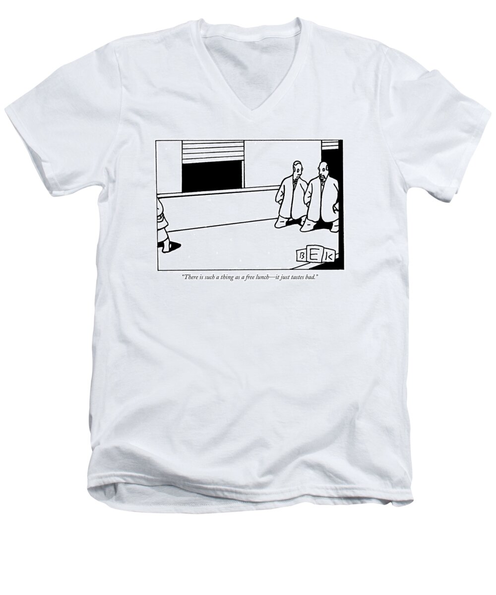 Food Dining Word Play Low Cuisine Men's V-Neck T-Shirt featuring the drawing There Is Such A Thing As A Free Lunch - by Bruce Eric Kaplan