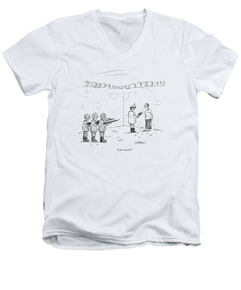 Twitter Men's V-Neck T-Shirt featuring the drawing Last Tweet? by David Sipress