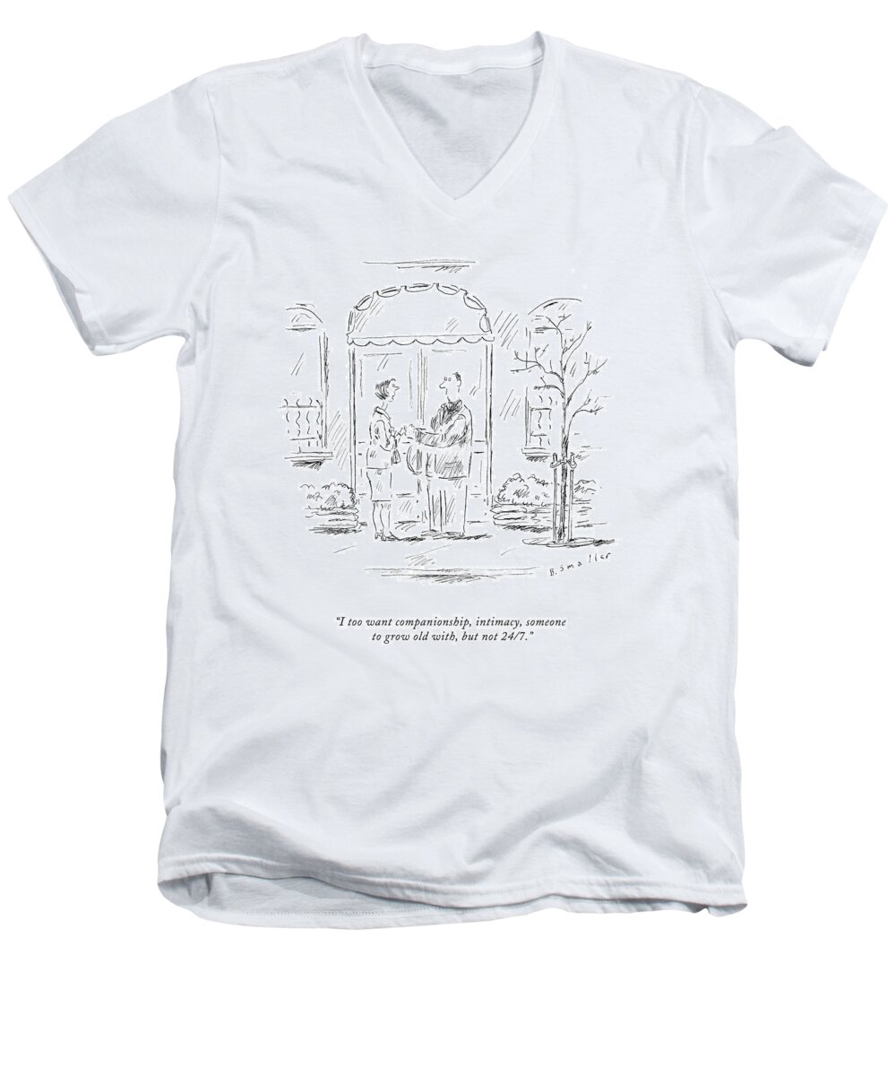 . Love Scene (breakup) Men's V-Neck T-Shirt featuring the drawing I Too Want Companionship by Barbara Smaller