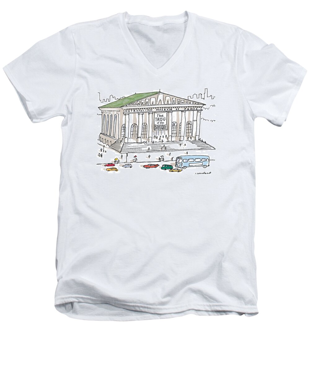 (exterior Of Metropolitan Museum Of Pants With Sign Reading 'the Trou Of The Baroque' With Sculpted Images Of Pants On Top Of The Building.) Art Men's V-Neck T-Shirt featuring the drawing New Yorker December 7th, 1998 #3 by Michael Crawford