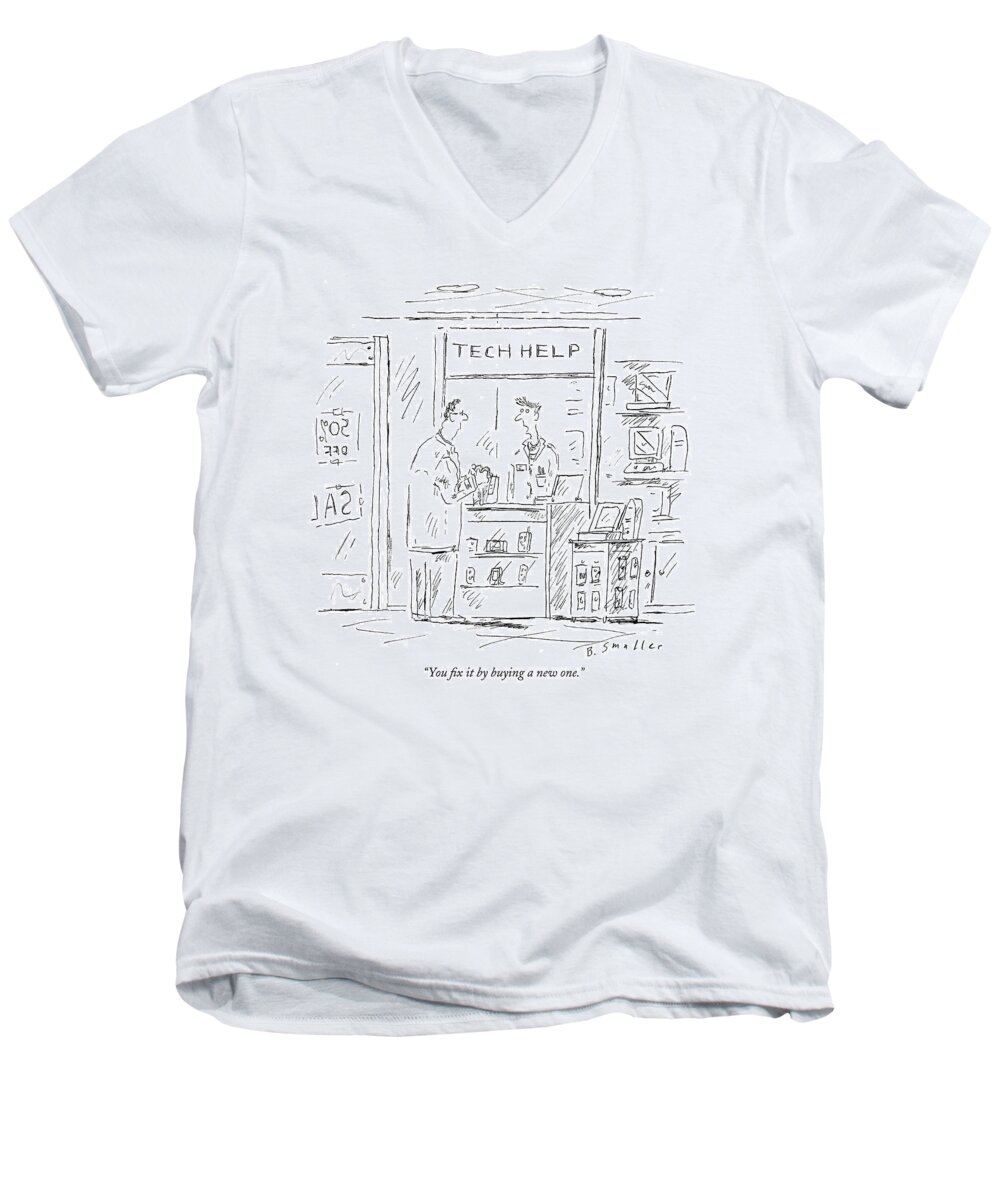 Consumerism Shopping Problems 

(employee Talking To Customer At 'tech Help' Counter.) 121412 Bsm Barbara Smaller Men's V-Neck T-Shirt featuring the drawing You Fix It By Buying A New One by Barbara Smaller