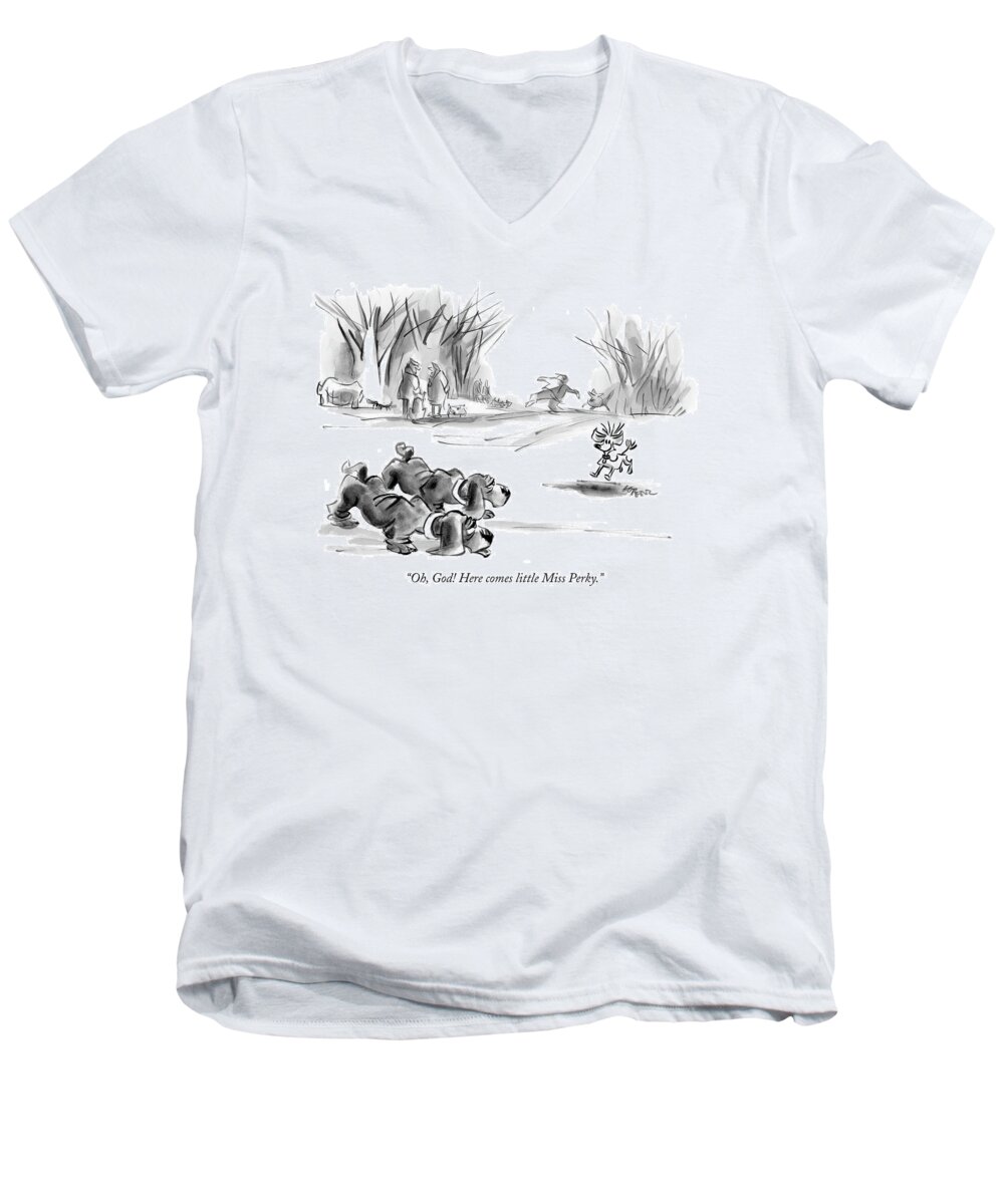 Dogs Talking Word Play

(two Bloodhounds Talking About Small Dog Running Toward Them.) 120679 Llo Lee Lorenz Men's V-Neck T-Shirt featuring the drawing Oh, God! Here Comes Little Miss Perky by Lee Lorenz