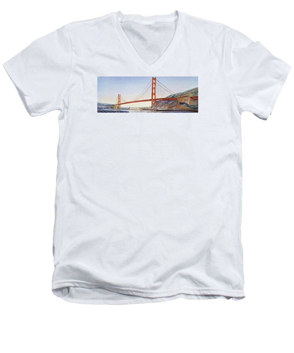 Bridge Men's V-Neck T-Shirt featuring the painting Golden Gate Bridge San Francisco #3 by Irina Sztukowski
