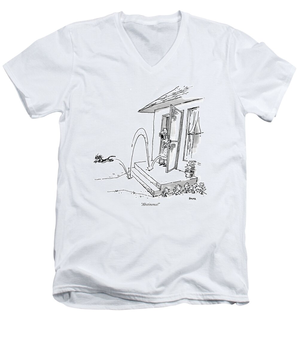 Pets Cats Sex 

(woman Yelling At Cat Who Is Bouncing Out The Door.) 121516 Gbo George Booth Men's V-Neck T-Shirt featuring the drawing Abstinence! by George Booth