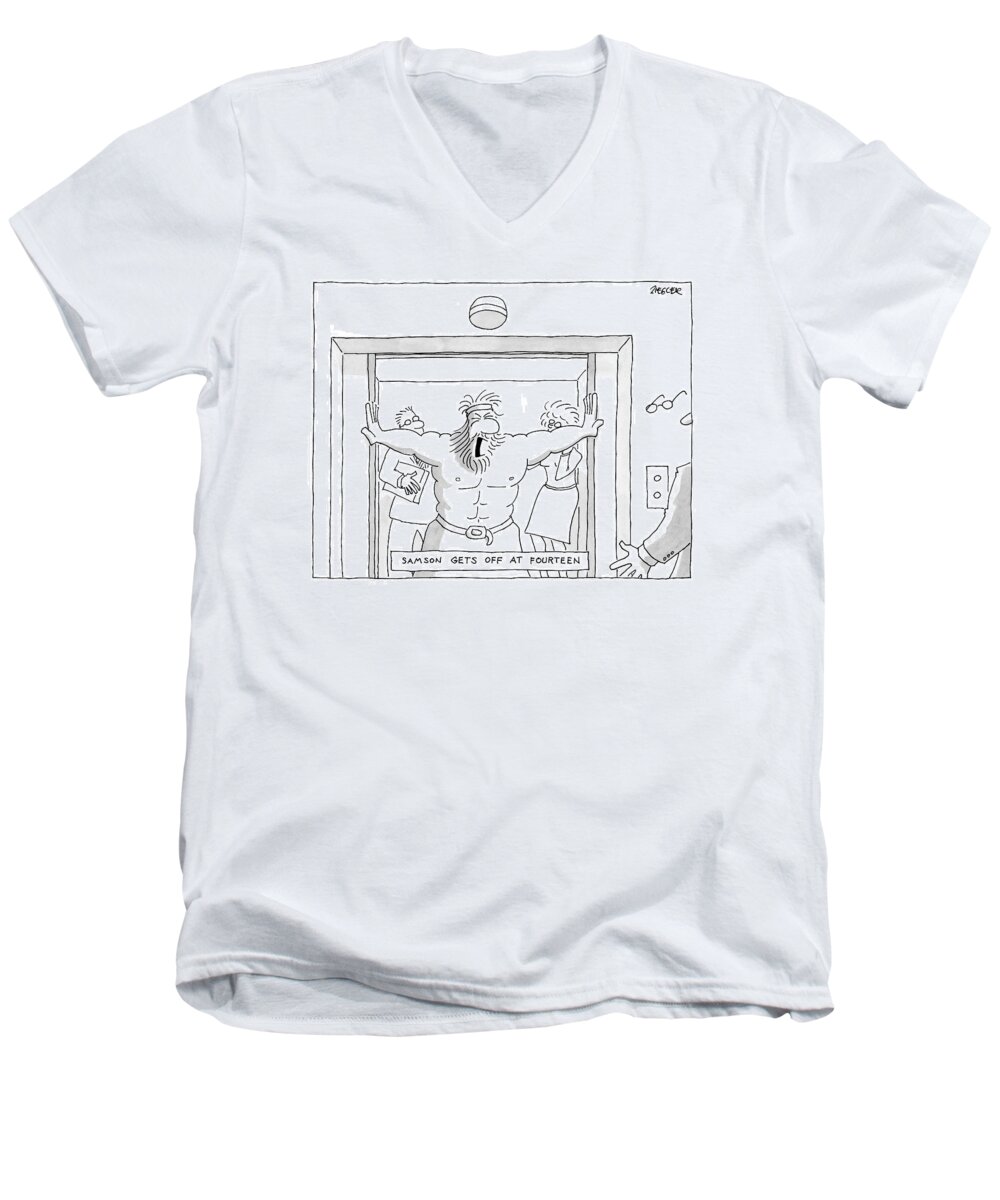 Samson Gets Off At Fourteen
(samson Holding Back The Doors As He Exits The Elevator.) 123055 Jzi Jack Ziegler Men's V-Neck T-Shirt featuring the drawing Samson Gets Off At Fourteen by Jack Ziegler