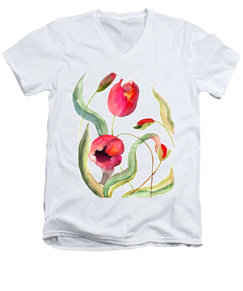 Art Men's V-Neck T-Shirt featuring the painting Tulips flowers #5 by Regina Jershova