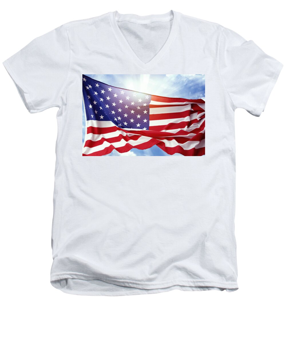 American Men's V-Neck T-Shirt featuring the photograph American flag 55 by Les Cunliffe