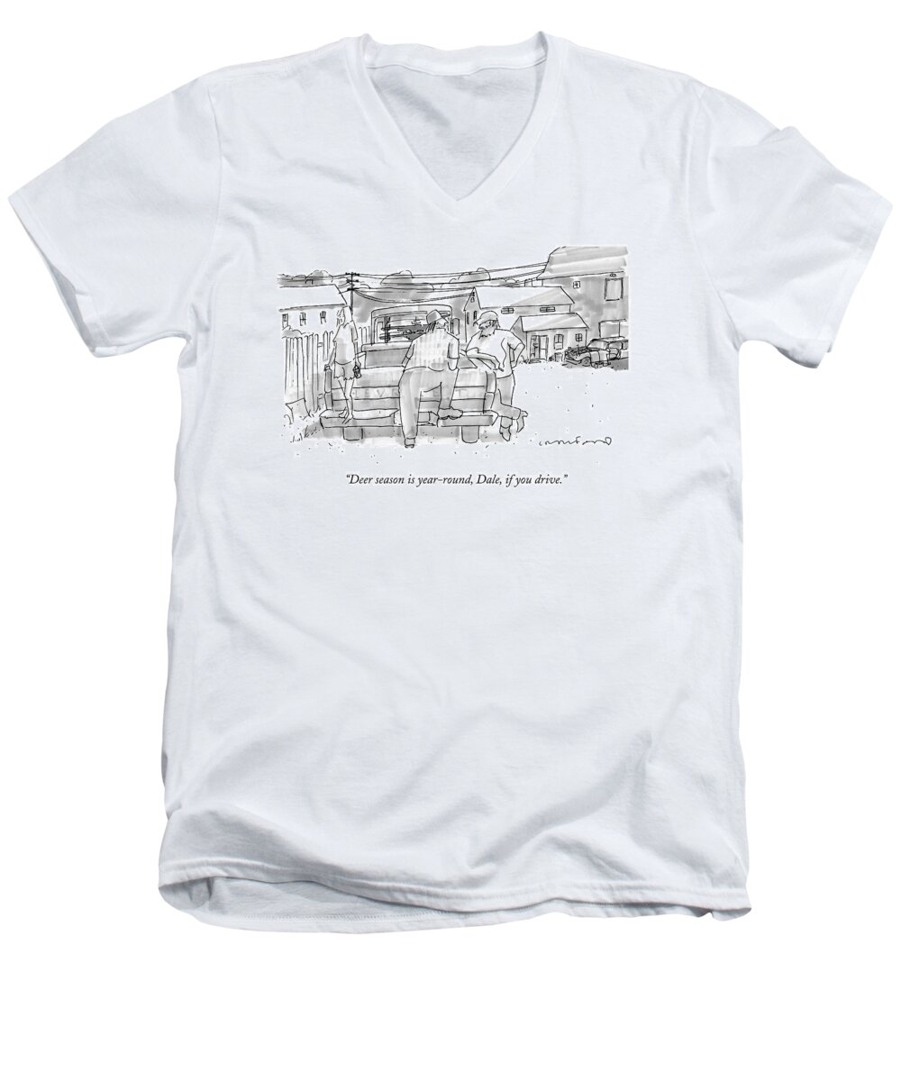 Hunt Men's V-Neck T-Shirt featuring the drawing Deer Season Is Year-round by Michael Crawford