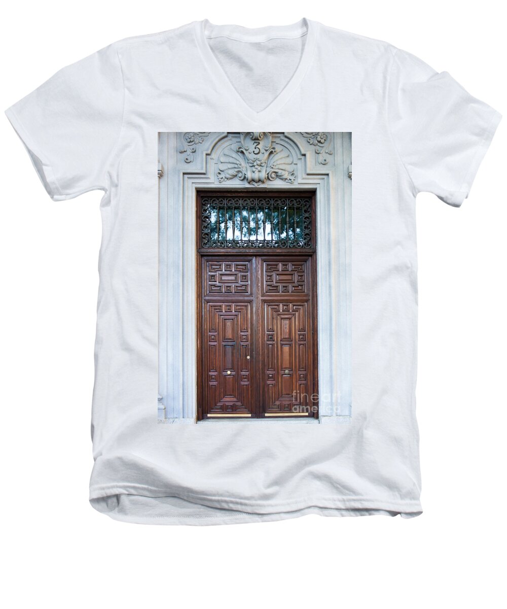 Architecture Men's V-Neck T-Shirt featuring the photograph Distinctive Doors in Madrid Spain #7 by Thomas Marchessault