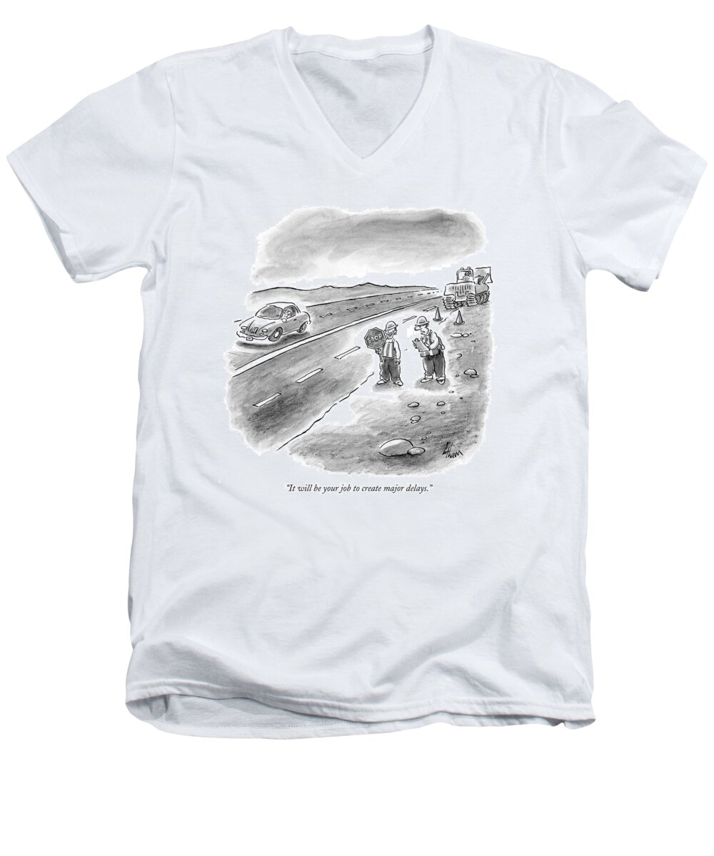 Autos Highways Workers Problems Traffic

(one Highway Worker Talking To Another.) 120803 Fco Frank Cotham Men's V-Neck T-Shirt featuring the drawing It Will Be Your Job To Create Major Delays by Frank Cotham
