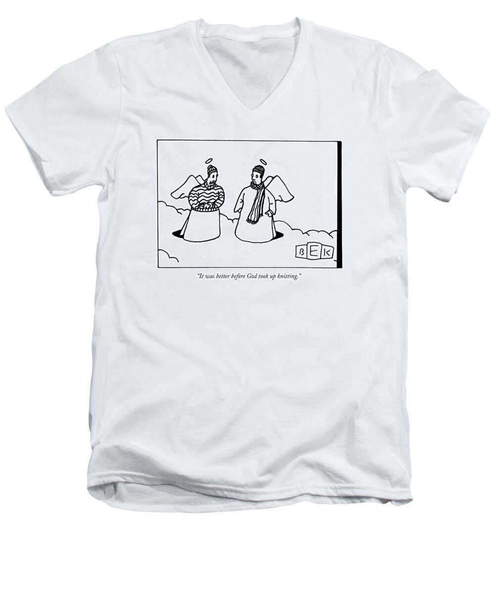 Fashion Hobbies Death Heaven

(one Angel Wearing A Sweater Men's V-Neck T-Shirt featuring the drawing It Was Better Before God Took Up Knitting by Bruce Eric Kaplan