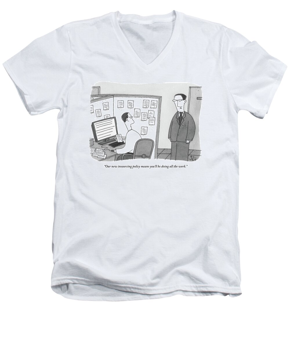 Cubicle Men's V-Neck T-Shirt featuring the drawing A Boss Speaks To A Man In His Cubicle As The Man by Peter C. Vey