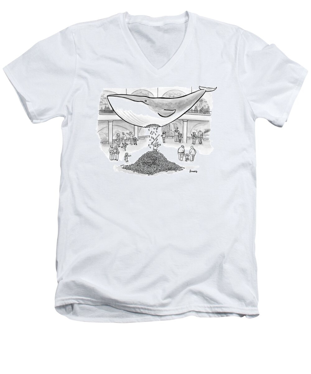 Captionless Men's V-Neck T-Shirt featuring the drawing A Boy Hits The Giant Whale In The Museum by Benjamin Schwartz