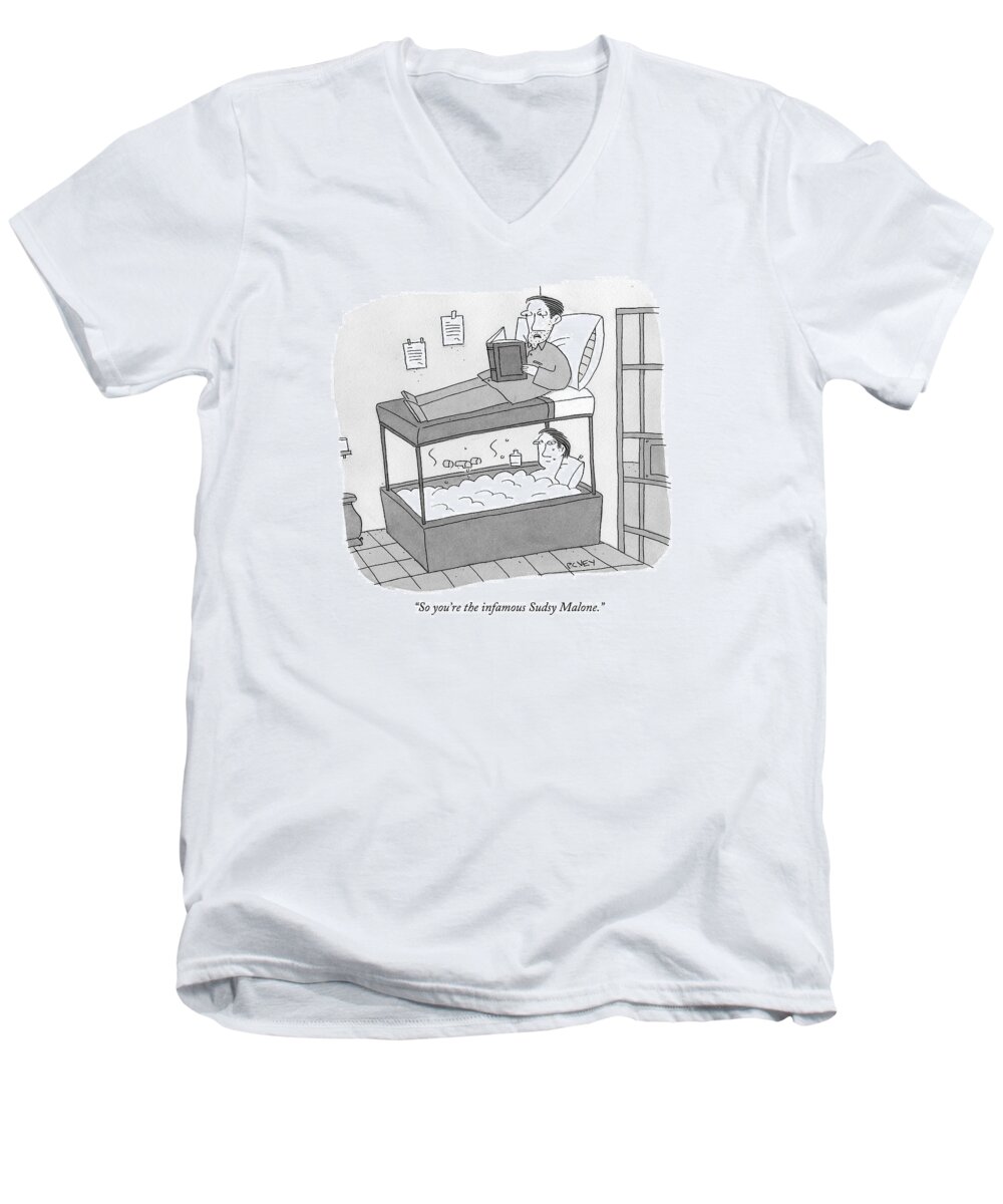 Jail Men's V-Neck T-Shirt featuring the drawing A Bunk Bed With A Bath Tub Instead Of A Lower Bed by Peter C. Vey