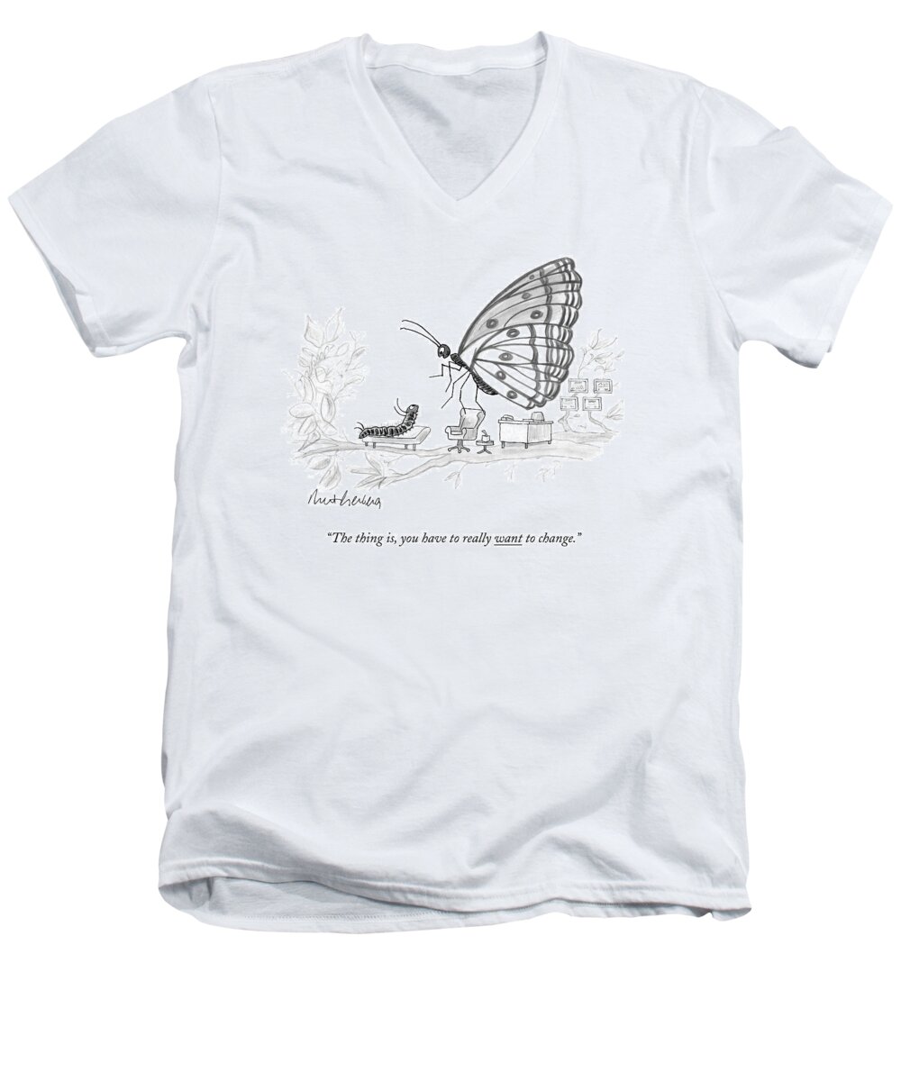 Pupate Men's V-Neck T-Shirt featuring the drawing A Butterfly Speaks To A Caterpillar by Mort Gerberg