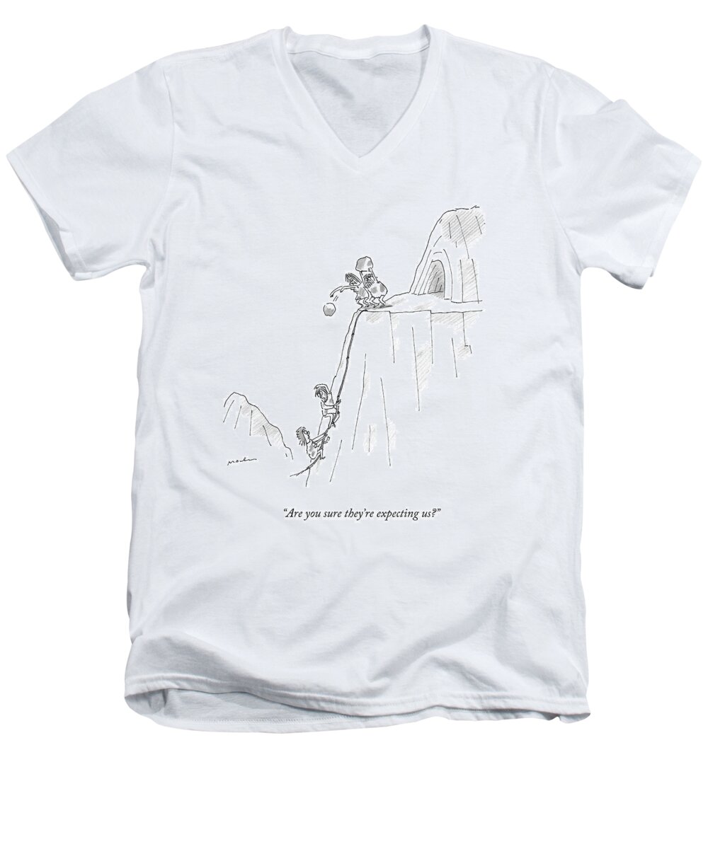 Dinner Parties Men's V-Neck T-Shirt featuring the drawing A Caveman And Woman Climb Up A Cliff by Michael Maslin