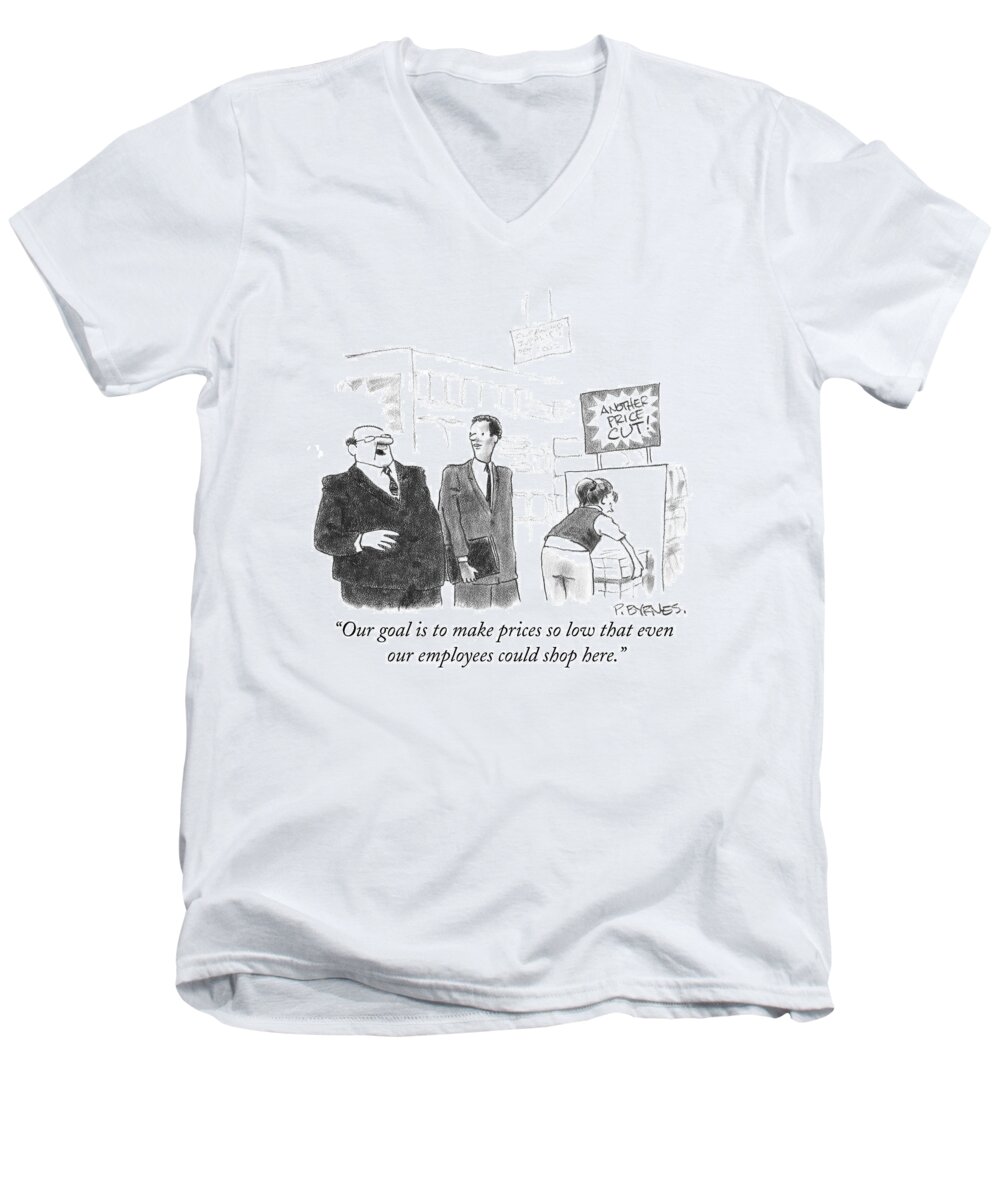 Economy Men's V-Neck T-Shirt featuring the drawing A Ceo Is Seen In A Store Addressing Another by Pat Byrnes