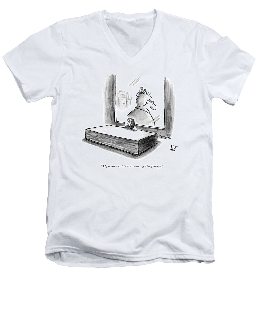 Statues Men's V-Neck T-Shirt featuring the drawing A Ceo Speaks On The Phone. Outside His Window by Frank Cotham