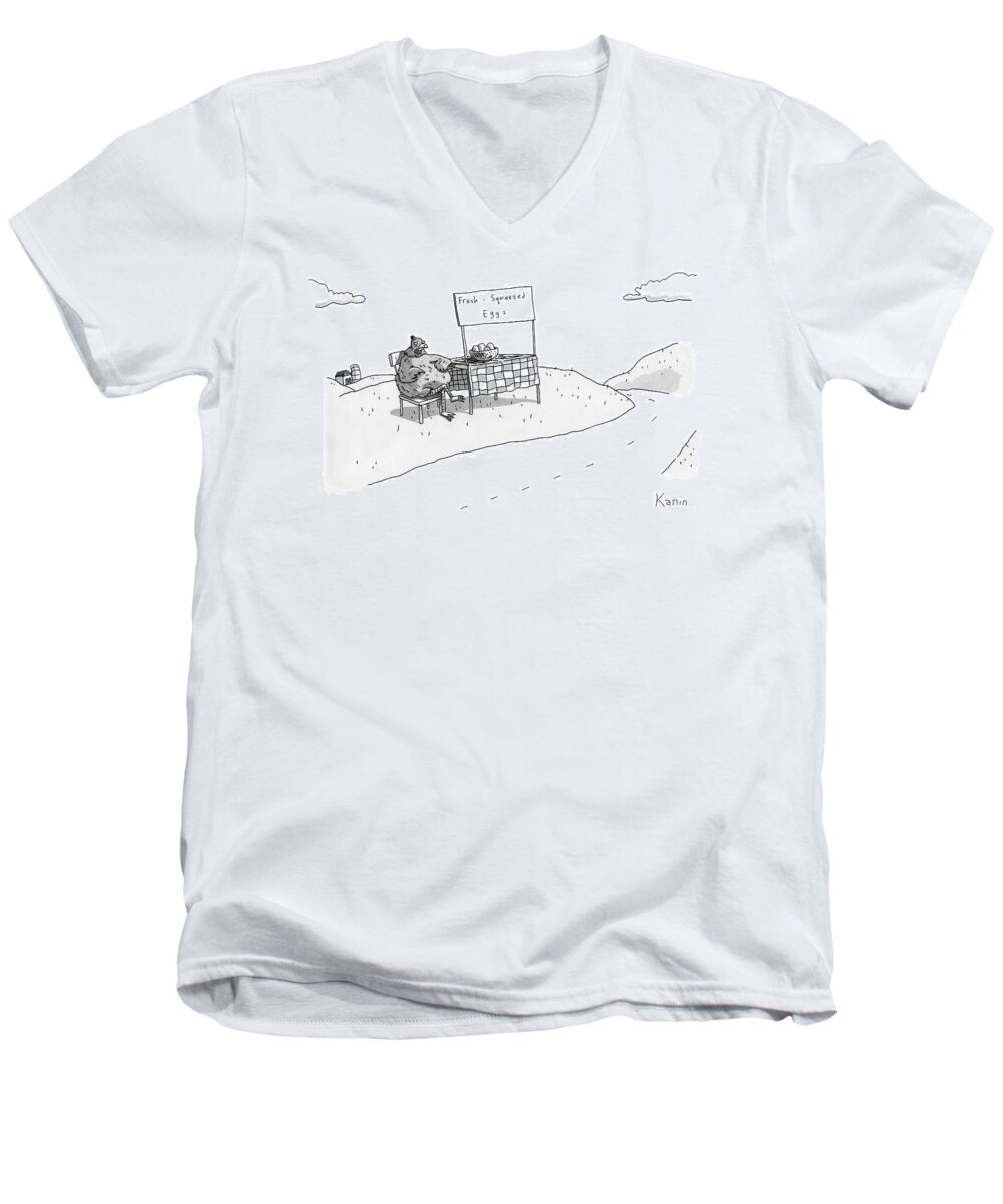 Eggs Men's V-Neck T-Shirt featuring the drawing A Chicken Sits Next To A Roadside Stand by Zachary Kanin